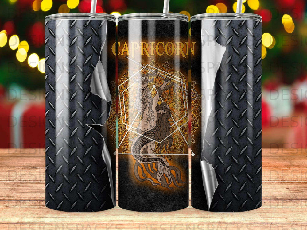 Capricorn zodiac symbol with astrological geometric design on a black tumbler.