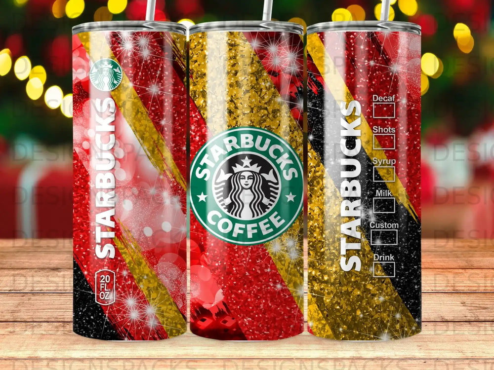 Starbucks tumbler with coffee logo, sparkles, and drink options in red, gold, and black.