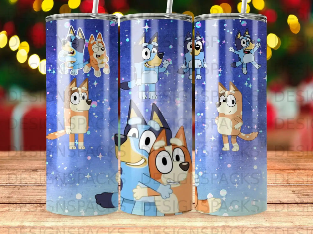 Bluey and Bingo characters on a blue starry background.