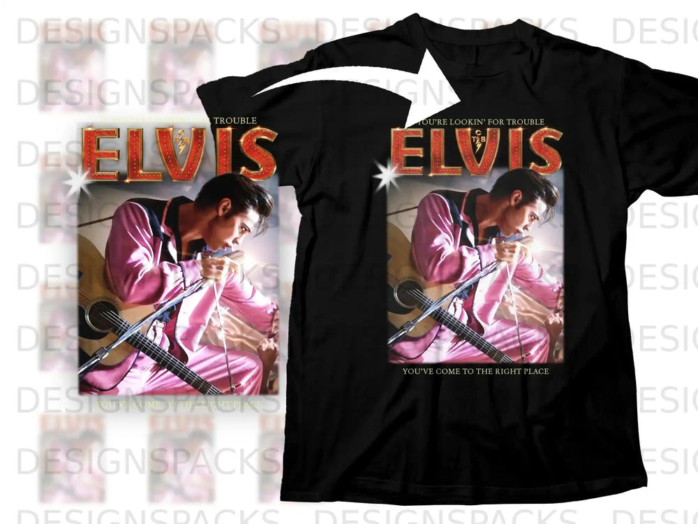 Black t-shirt with Elvis Presley graphic and text "You're Lookin' For Trouble".