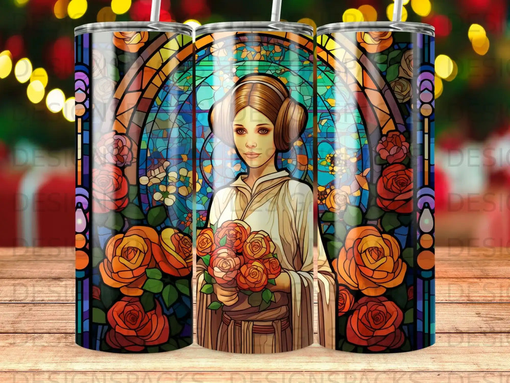 Princess Leia in stained glass holding a bouquet of orange roses.