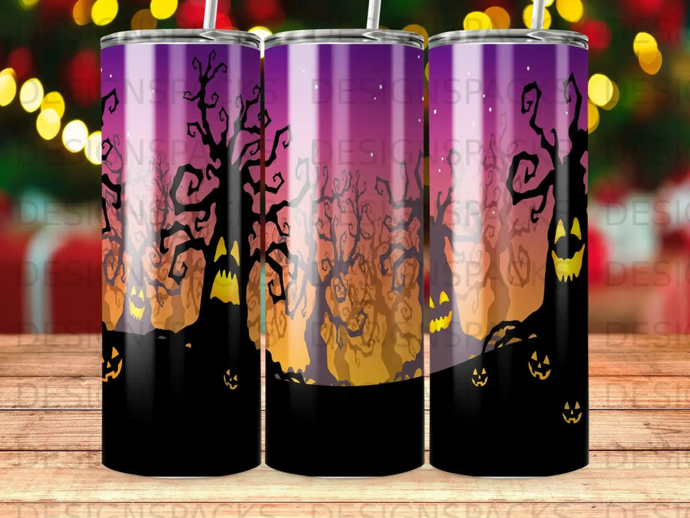 Three tumblers with Halloween tree and jack-o'-lantern design.
