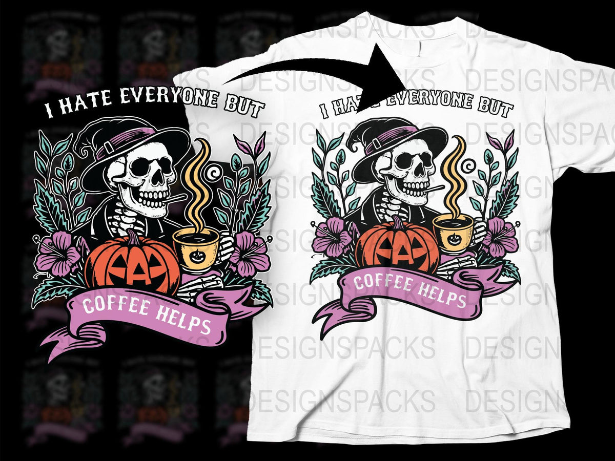 Gothic Skull T-Shirt, I Hate Everyone But Coffee Helps, Halloween Tee with Floral Design