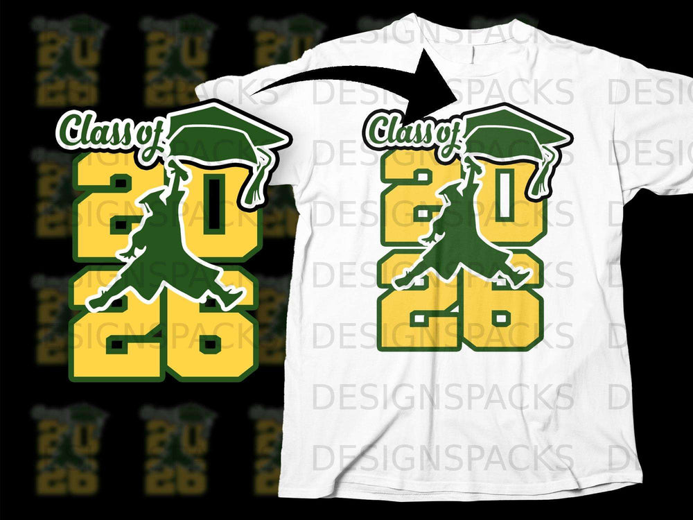 Green and yellow "Class of 2026" design with a graduation cap and diploma on a white t-shirt.