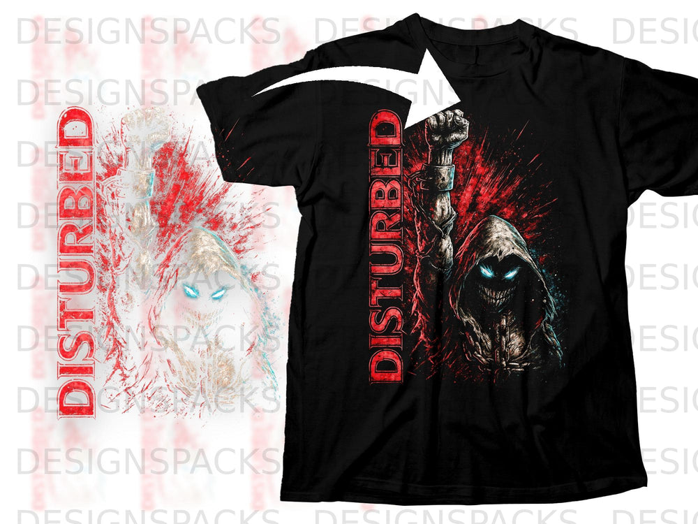 Black t-shirt with red "Disturbed" text and a hooded figure.