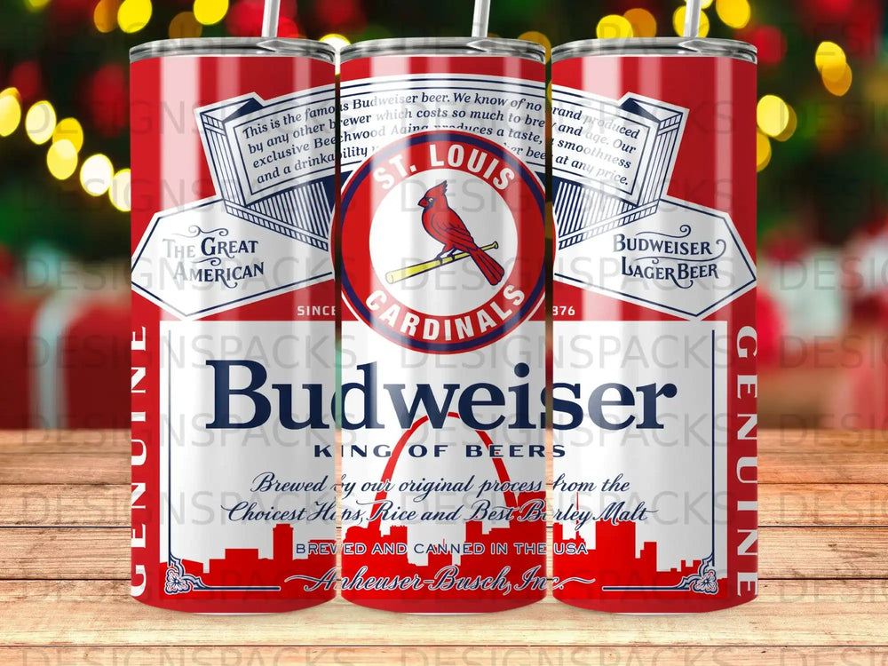 Budweiser beer can with Cardinals logo, official branding, and brewing details.