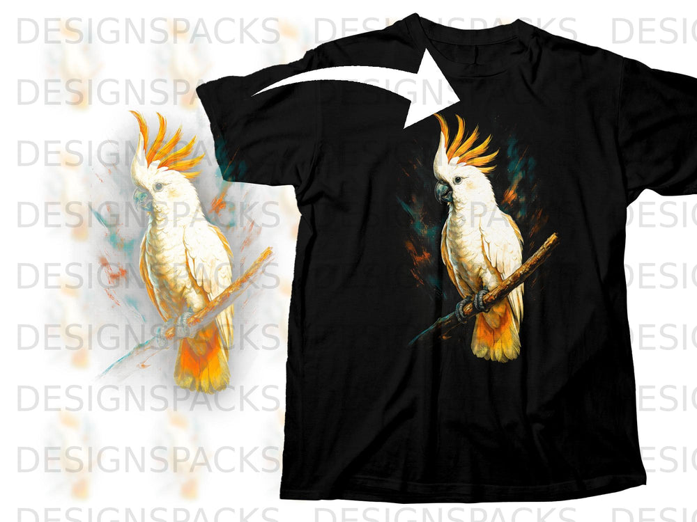Black t-shirt featuring a striking painting of a cockatoo perched on a branch.