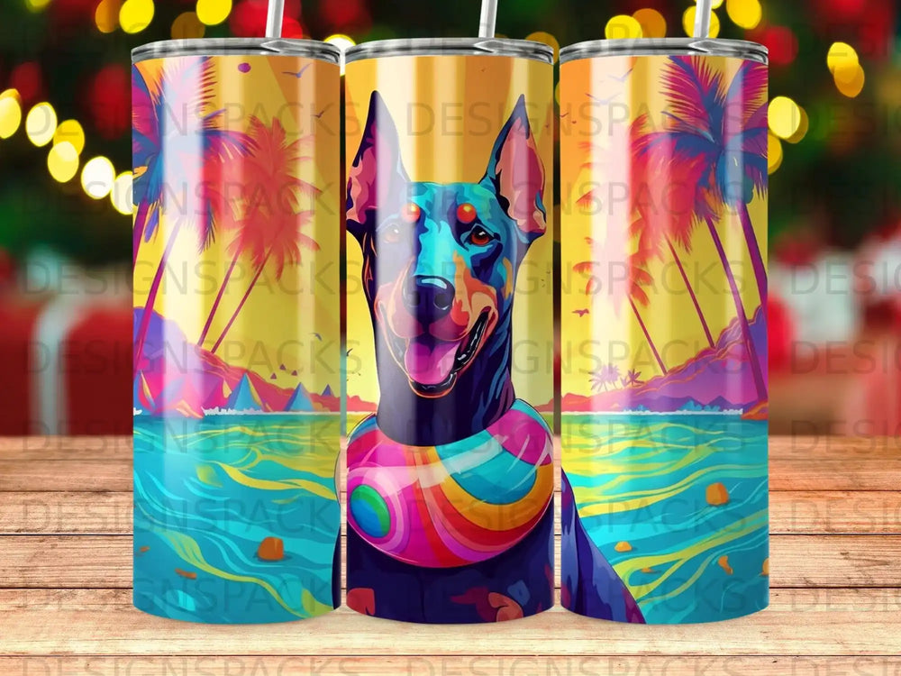 Doberman with colorful collar and tropical sunset background on tumblers.