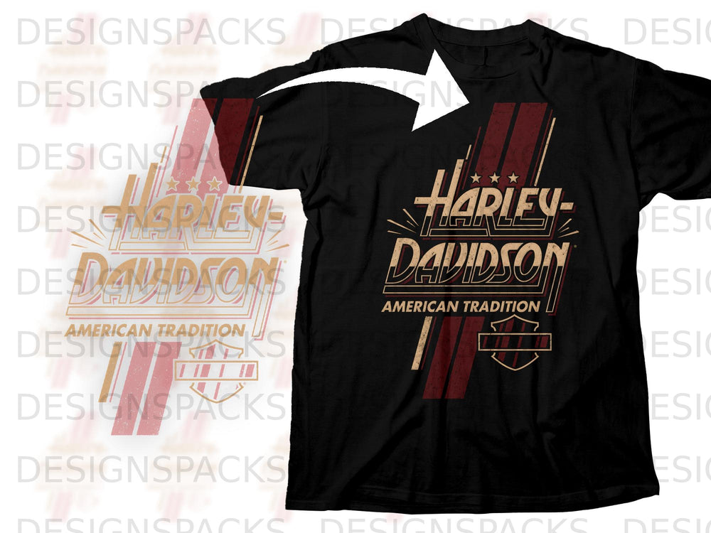 Black t-shirt with Harley-Davidson American Tradition graphic and shield logo.
