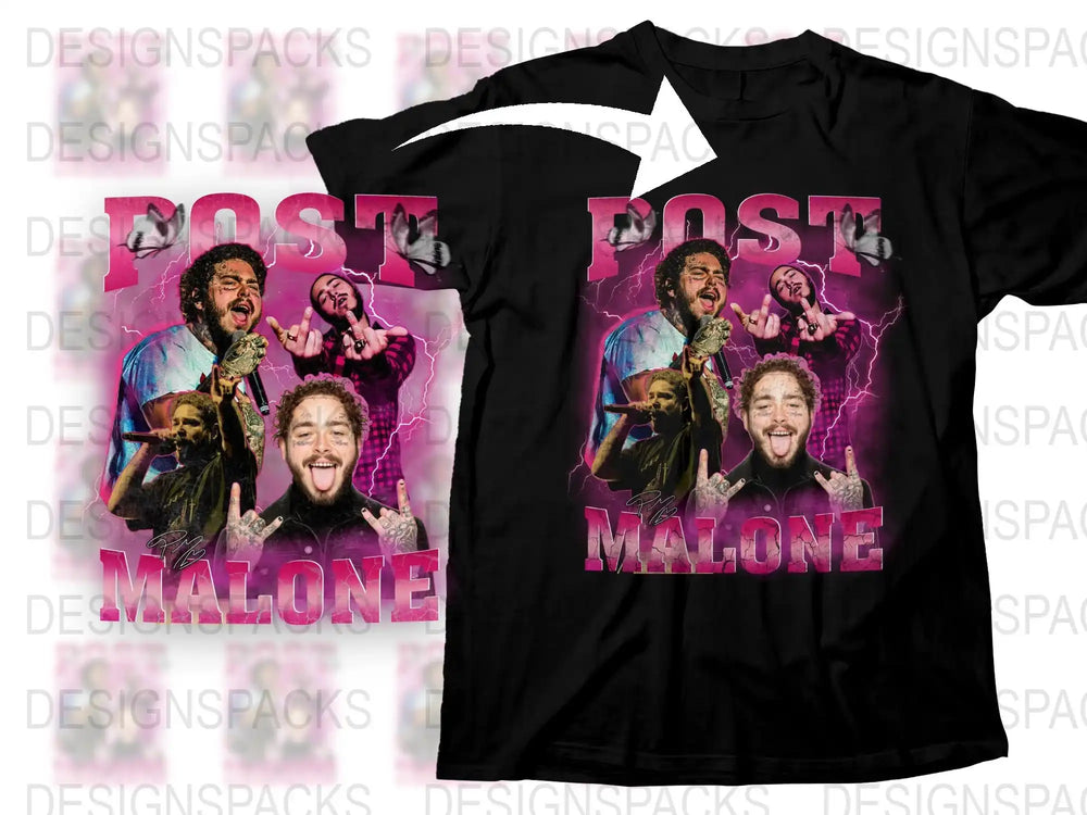 Post Malone Fan T-Shirt, Graphic Tee with Multiple Images, Pink and Black Color, Unisex Fit