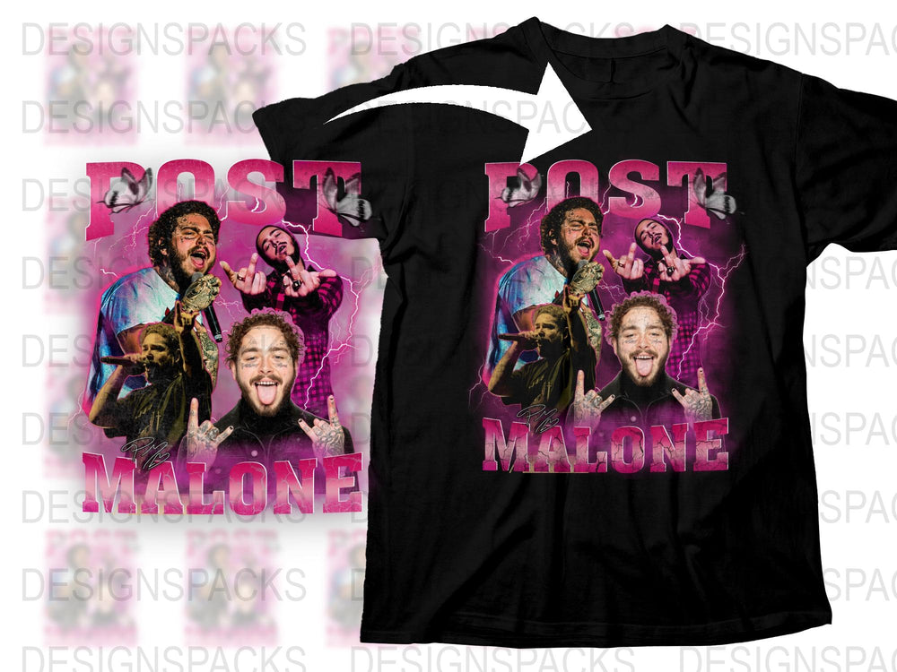 Post Malone Fan T-Shirt, Graphic Tee with Multiple Images, Pink and Black Color, Unisex Fit