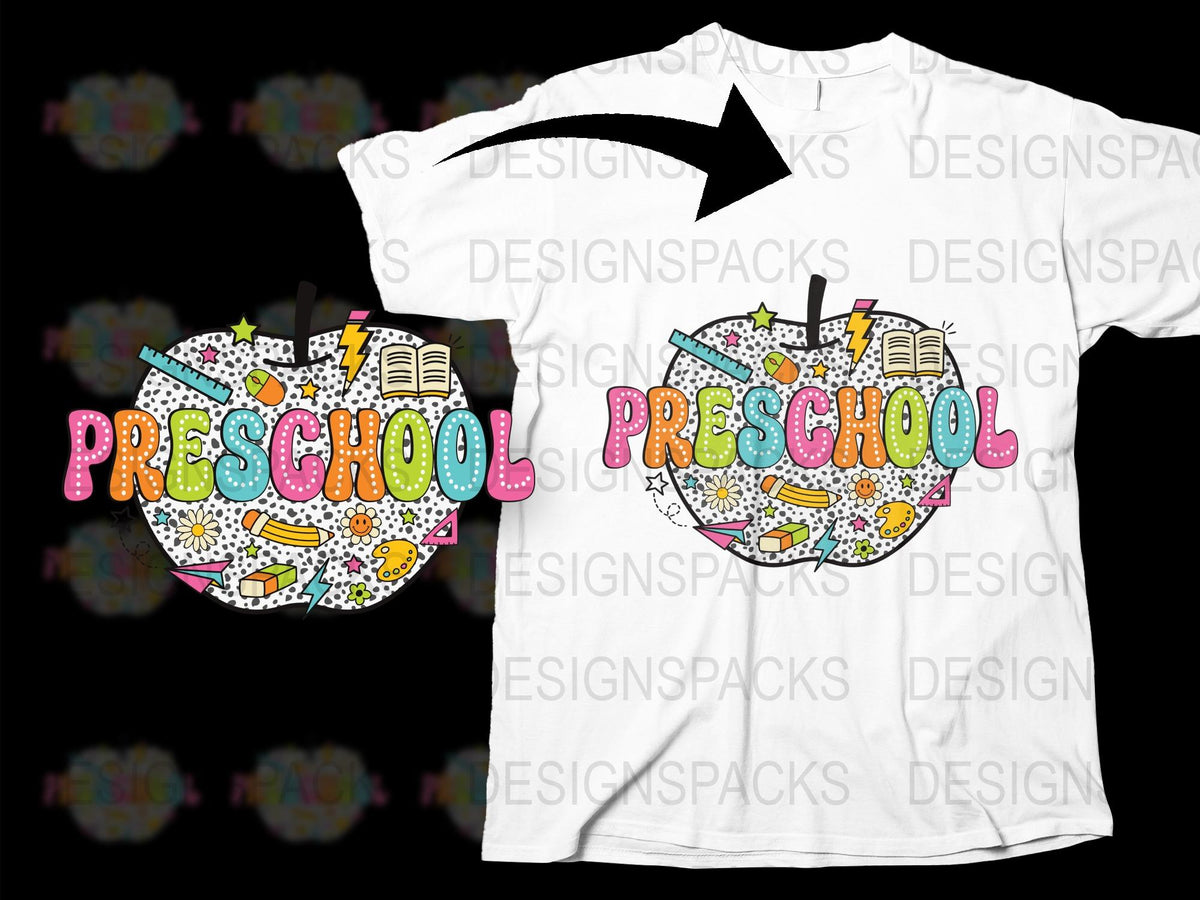 Preschool Teacher T-Shirt, Colorful School Icons Graphic Tee, Unisex Adult White Shirt for Educators