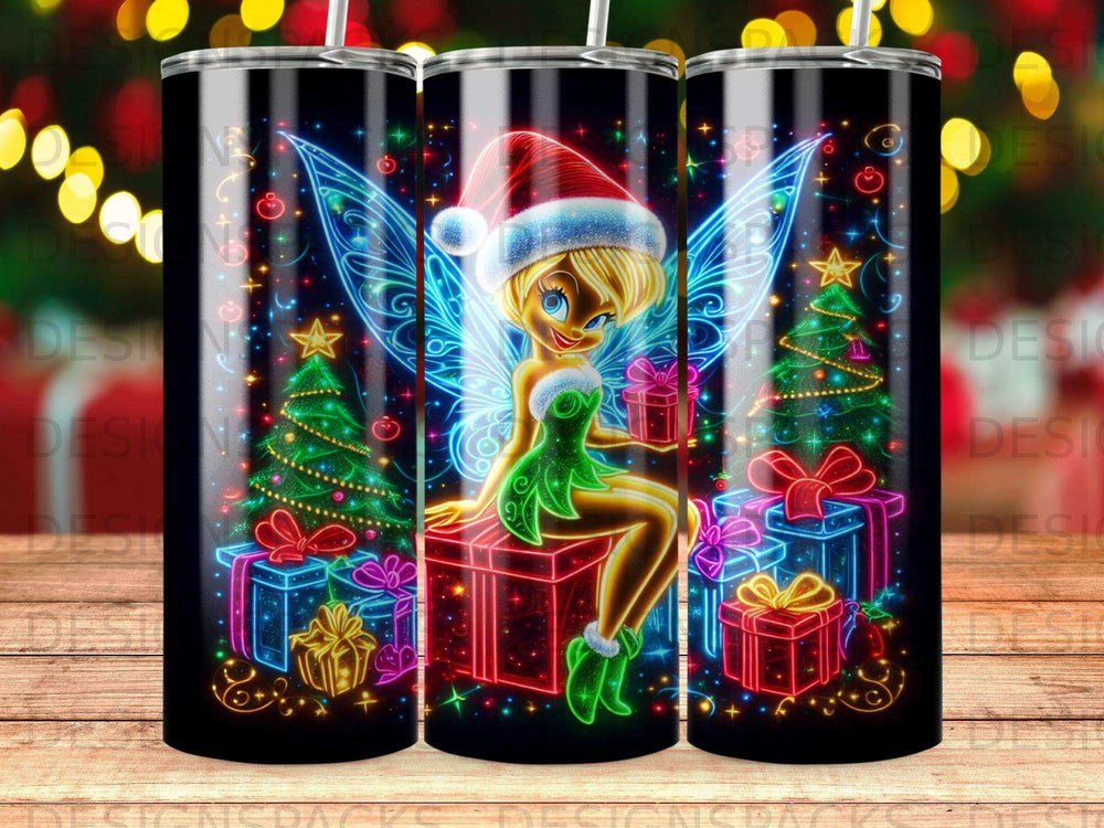 Tinkerbell in Santa hat holding gift near Christmas trees and presents.