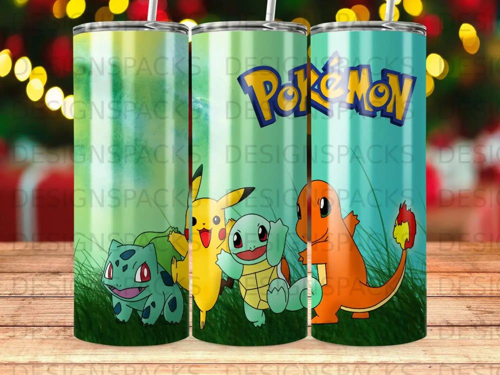 Three Pokémon tumblers featuring Bulbasaur, Pikachu, and Charmander.
