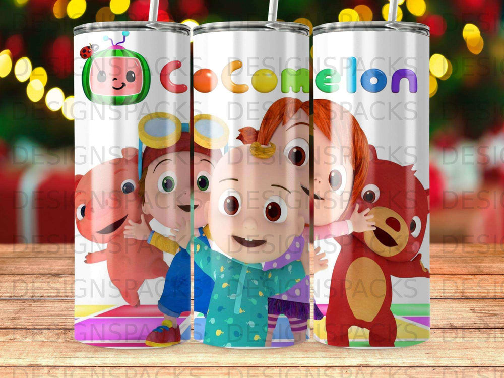CoComelon characters JJ, TomTom, and YoYo on a tumbler cup.