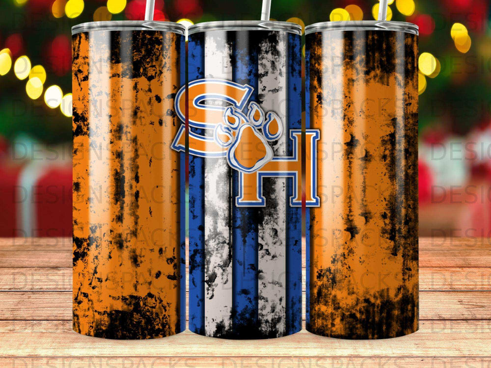 Tumbler with tiger paw logo and distressed orange and blue stripes.