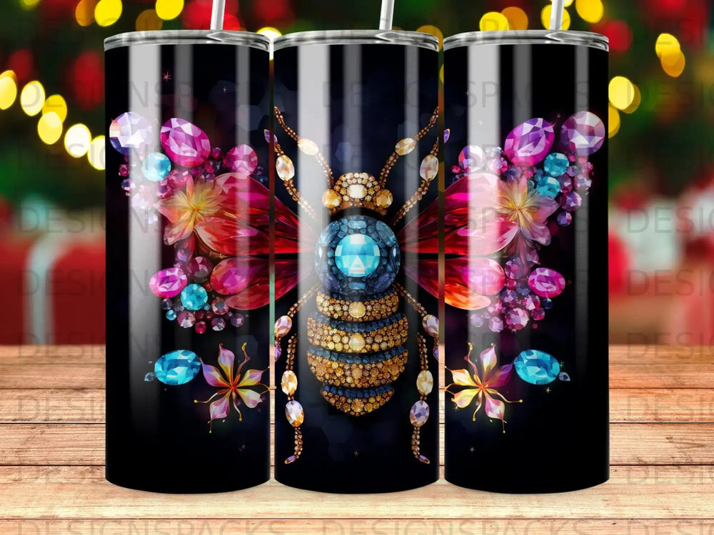 Jeweled bee with colorful wings on a black background.