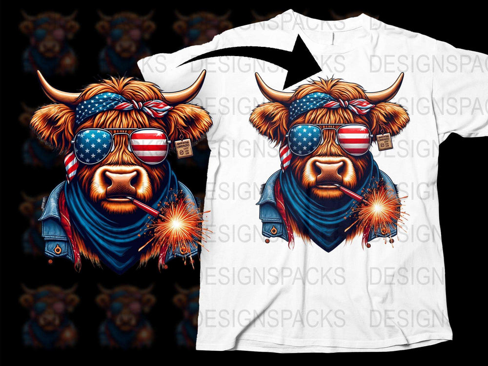 Patriotic Bull T-Shirt, American Flag Sunglasses, Unique Animal Graphic Tee, Cool Independence Day Apparel