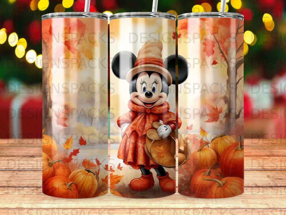 Minnie Mouse in an orange outfit holding a pumpkin basket, surrounded by autumn leaves and pumpkins.