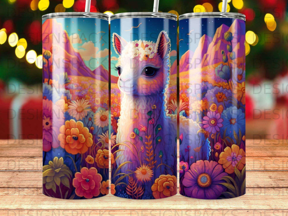 Llama surrounded by colorful flowers and mountains in a vibrant illustration.