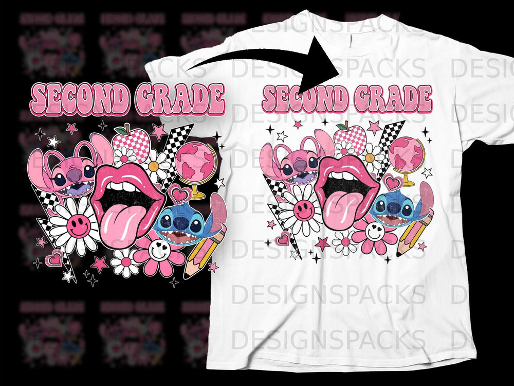"Second Grade" graphic with pink lips, Stitch characters, flowers, and a checkered flag.