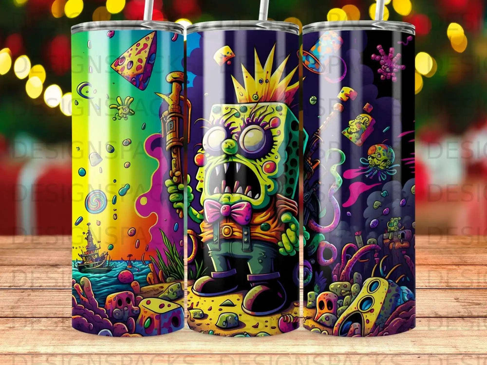 SpongeBob character with crown and bowtie, surrounded by colorful abstract shapes and creatures.