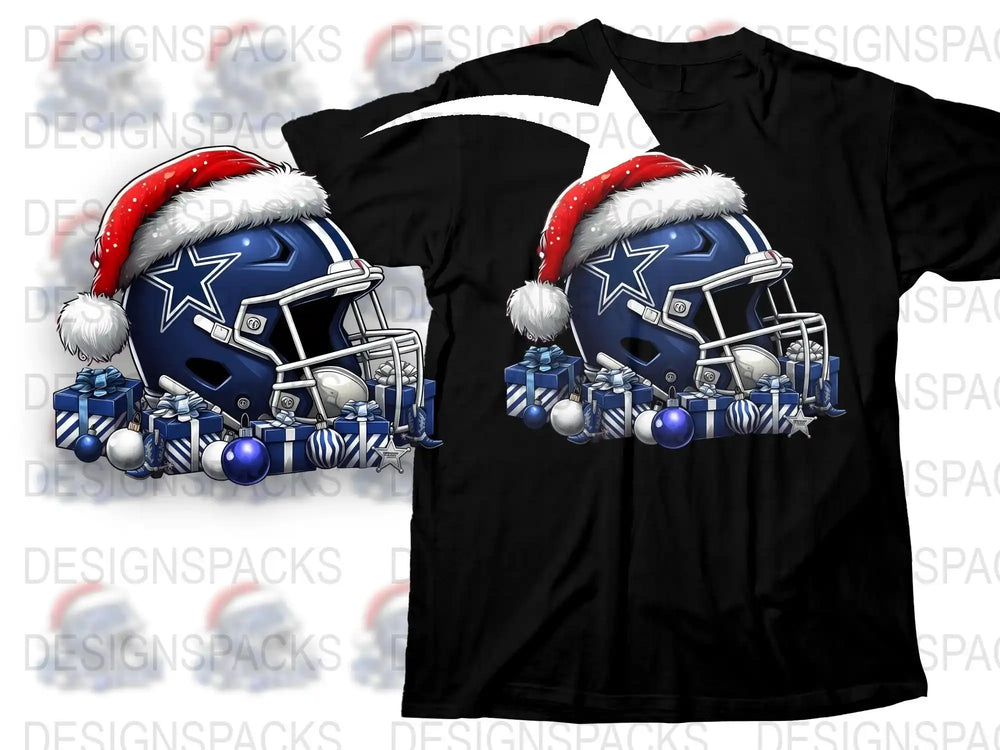 Festive Football T-Shirt, Holiday Sports Fan Gear, Christmas Helmet Design, Blue and Silver