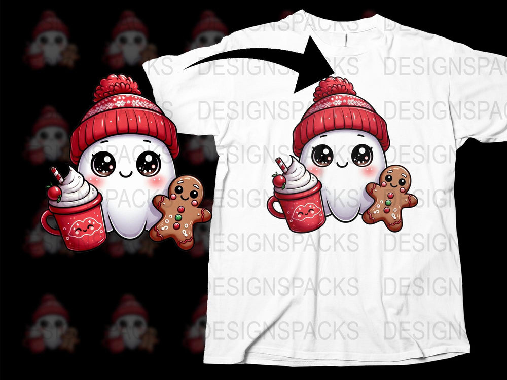 Cute Winter T-Shirt With Cartoon Hot Chocolate and Gingerbread Cookie Design, Cozy Holiday Apparel