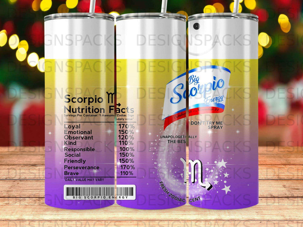 Tumbler with "Big Scorpio Energy" and zodiac nutrition facts.