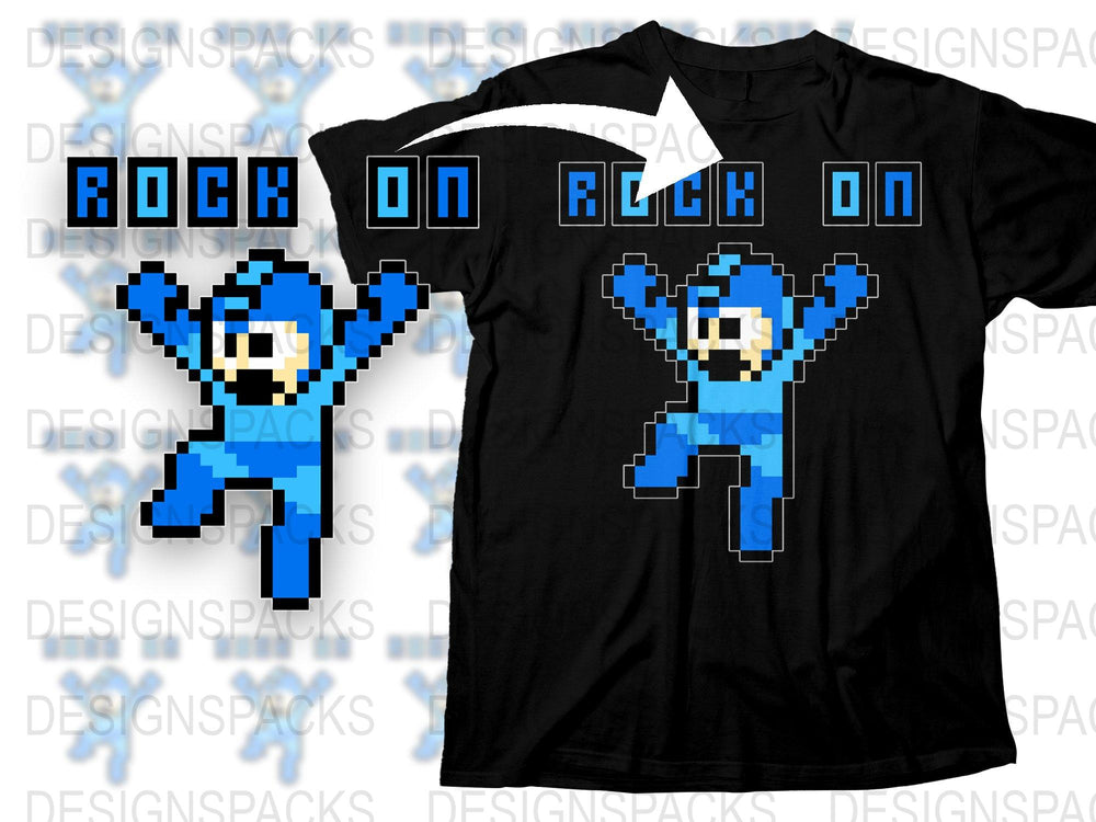 Retro Pixel Art Blue Character T-Shirt, Vintage Video Game Style, Rock On Graphic Tee, Unique Gamer Gift