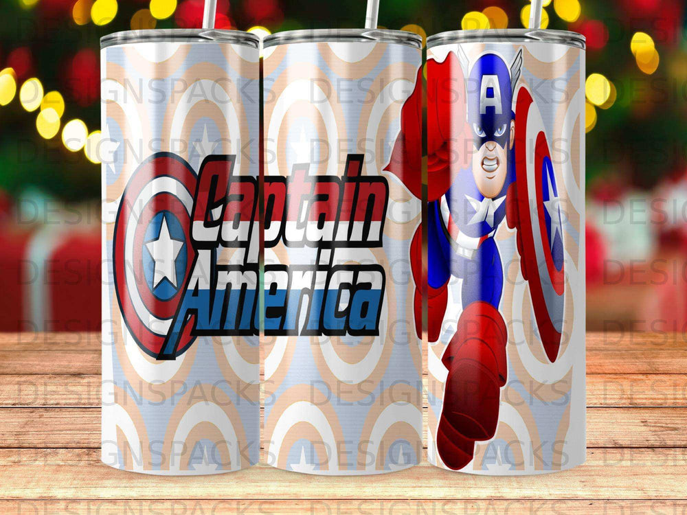 Captain America tumbler with shield, stars, and patriotic colors.