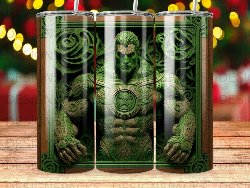 Green muscular figure with intricate wood grain border design on a tumbler.