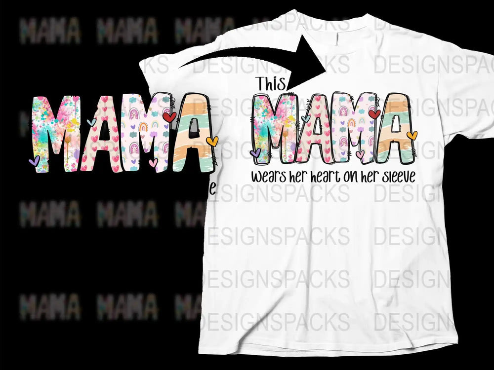 Colorful Mama T-Shirt, Floral Print, Heart on Sleeve Graphic Tee, Mother's Day Gift, Women's Fashion Top