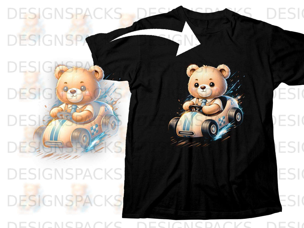 Cute cartoon teddy bear drives a race car with blue stripes and checkered flag detail.
