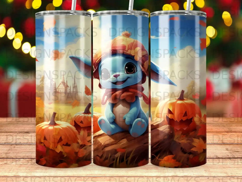 Cute cartoon character with pumpkin-themed scarf sitting on log.