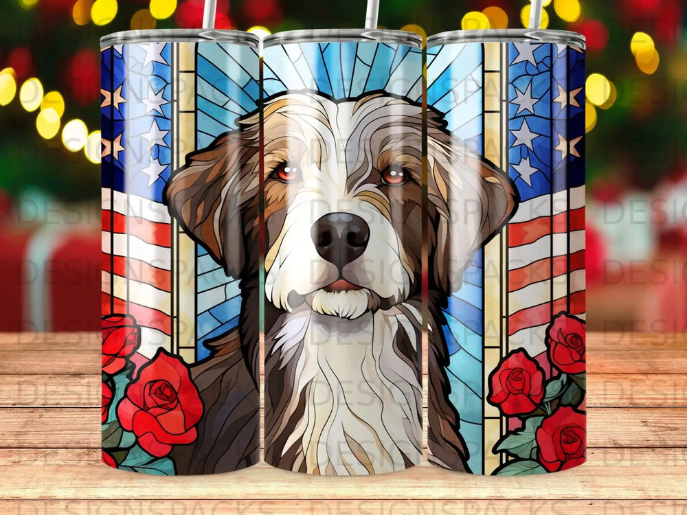Stained glass style dog portrait with red roses and American flag background.