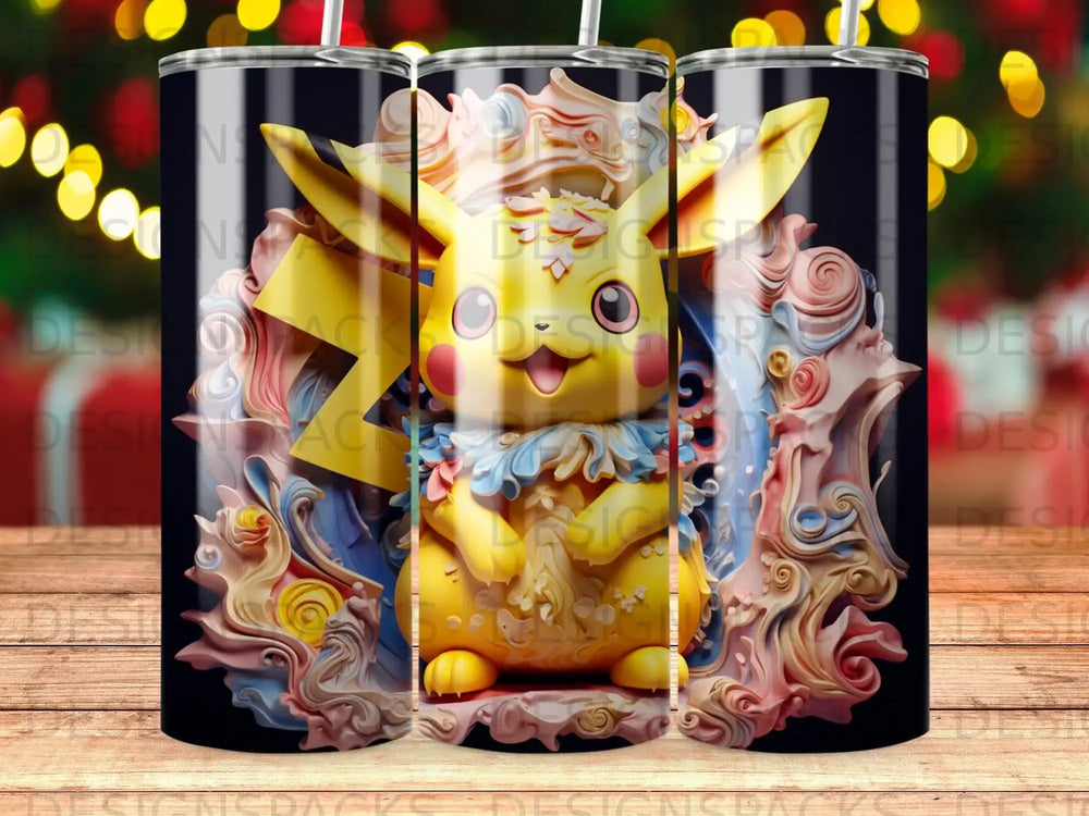 Pikachu illustration on a tumbler with swirling colorful accents.