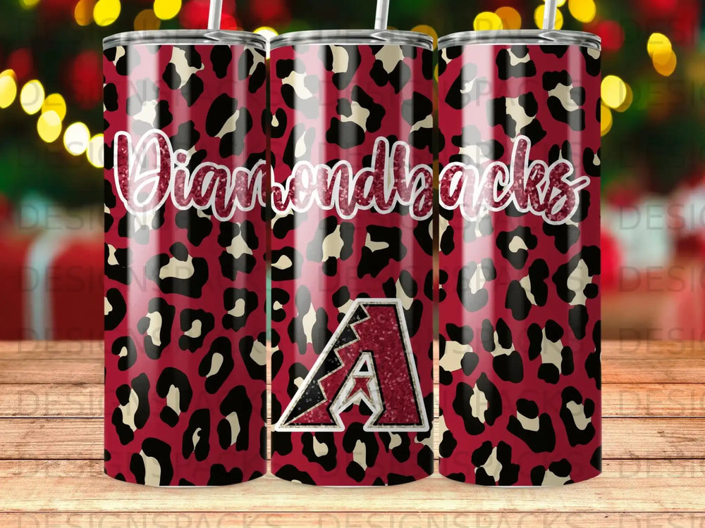 Arizona Diamondbacks logo and text on leopard print tumbler.