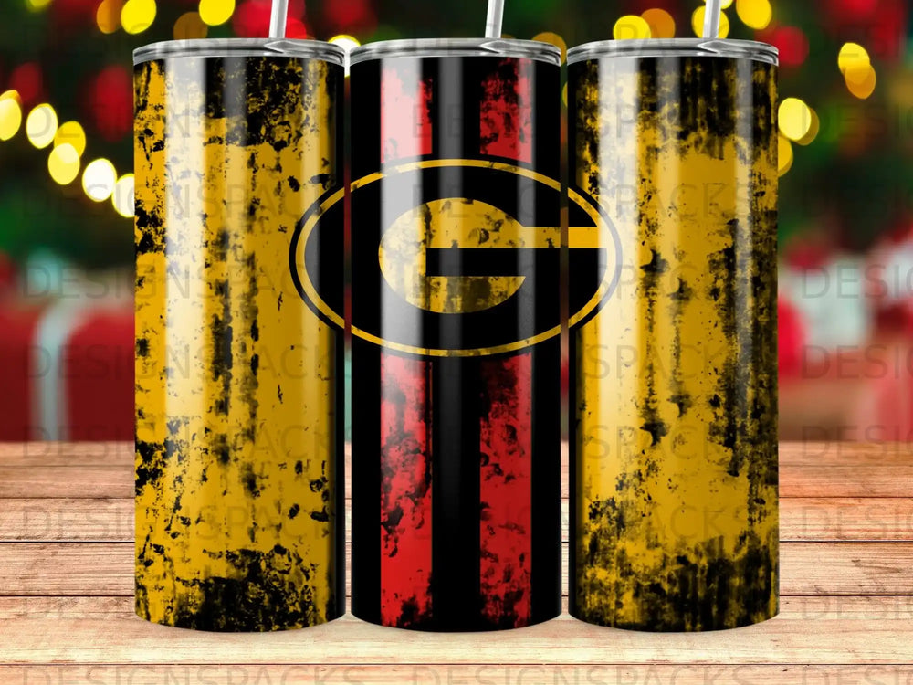 Georgia Bulldogs tumbler with black, red, and yellow distressed design.