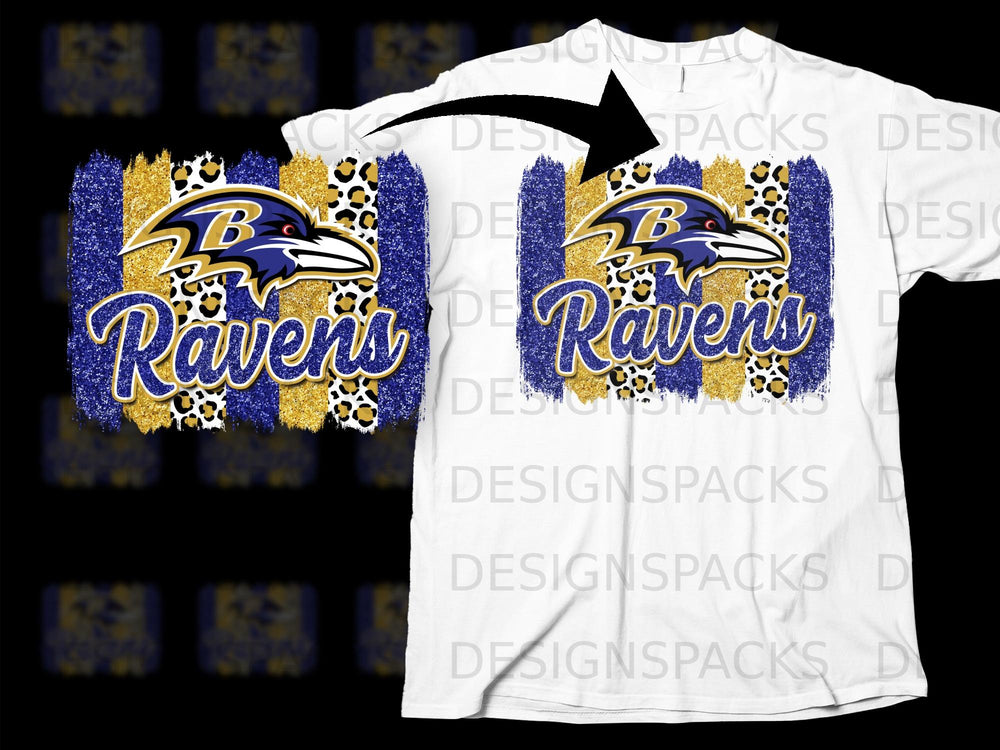 Baltimore Ravens logo with glitter, leopard print, and "Ravens" text on white t-shirt.