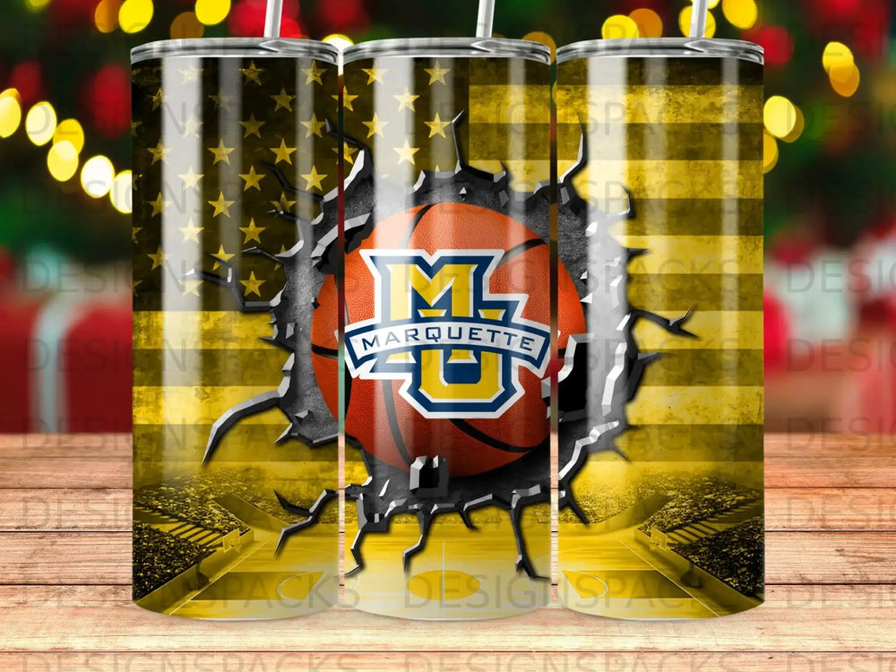 Marquette Golden Eagles basketball logo on a distressed American flag background.