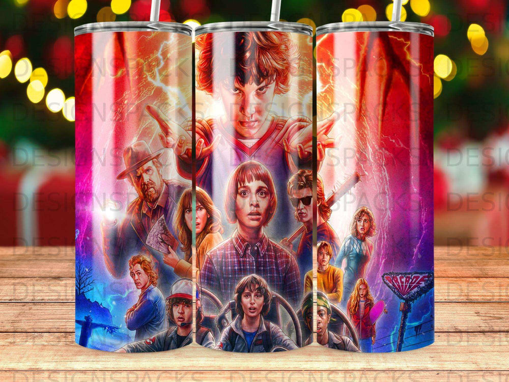 Stranger Things characters Eleven, Mike, Dustin, and Lucas in a poster-style montage.
