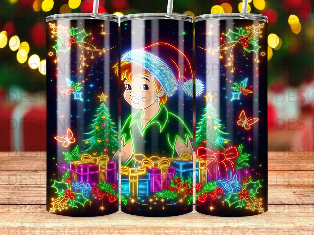 Peter Pan wearing a Santa hat surrounded by Christmas lights, gifts, and trees.