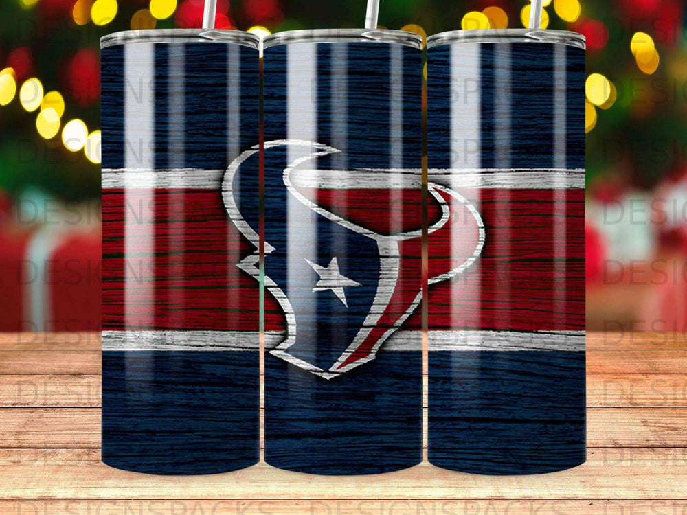 Houston Texans logo on a blue wood grain tumbler.