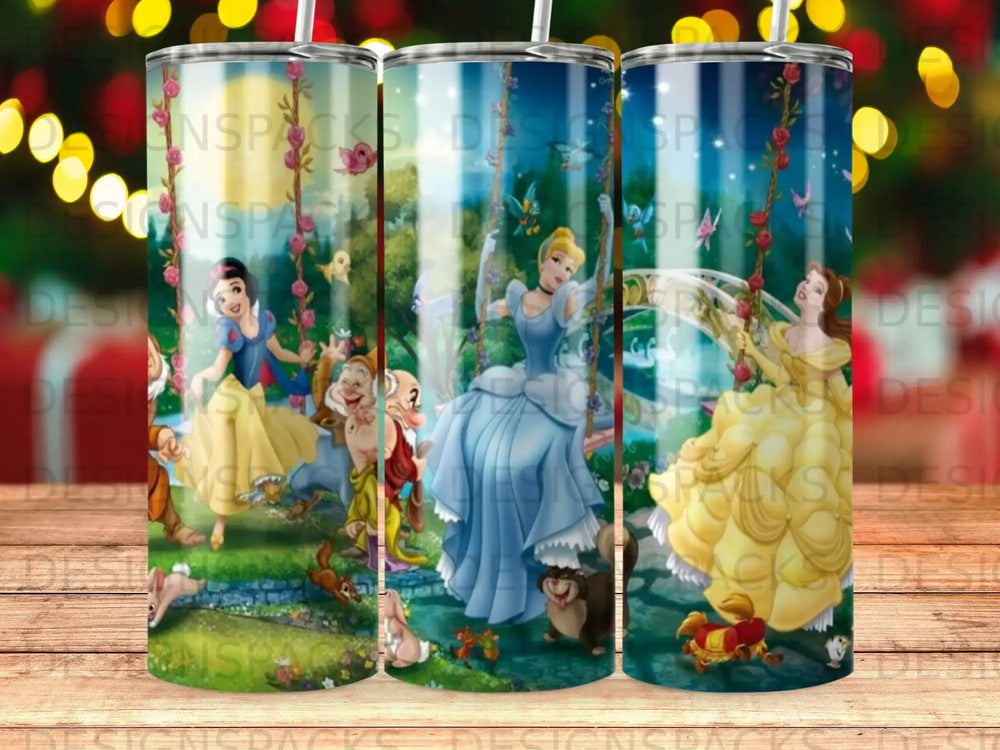 Cinderella swinging on a swing with Snow White and other Disney characters.
