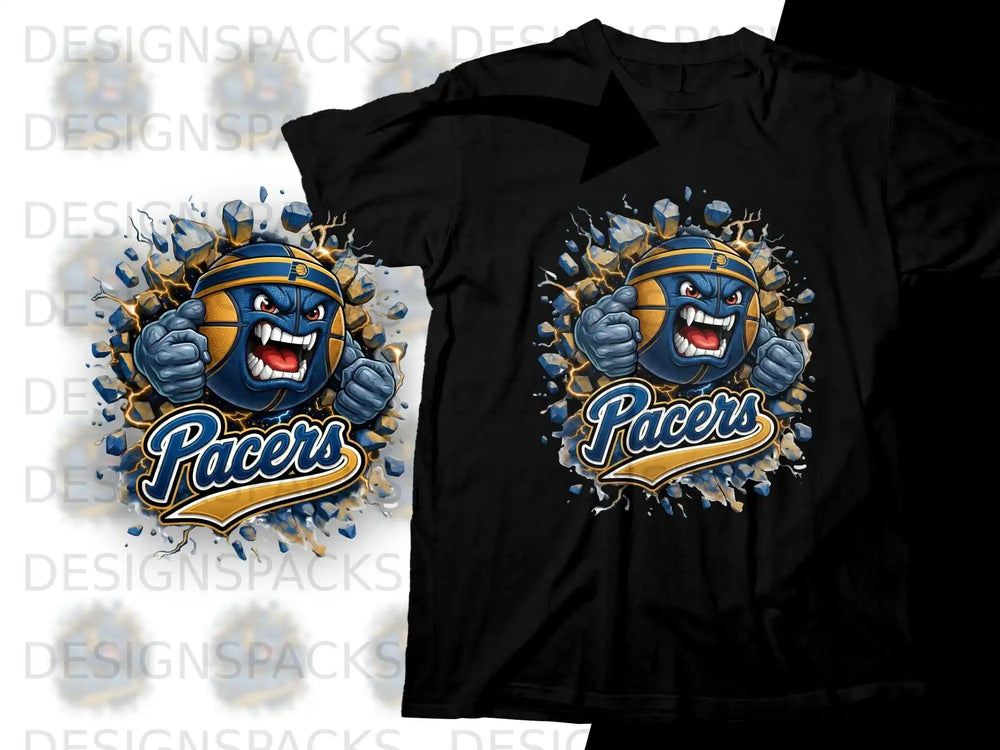 Basketball mascot with fierce expression, fists raised, on a "Pacers" t-shirt.