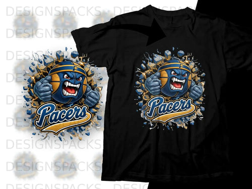 Basketball mascot with fierce expression, fists raised, on a 