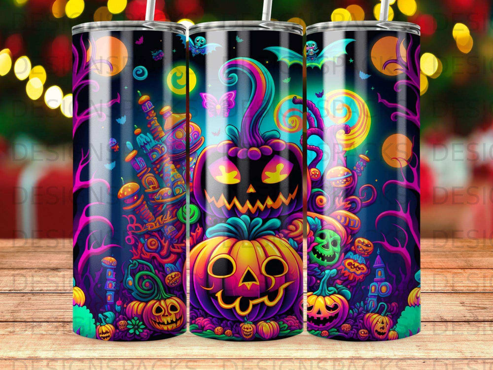 Halloween scene with pumpkins, bats, and spooky castle on a patterned background.