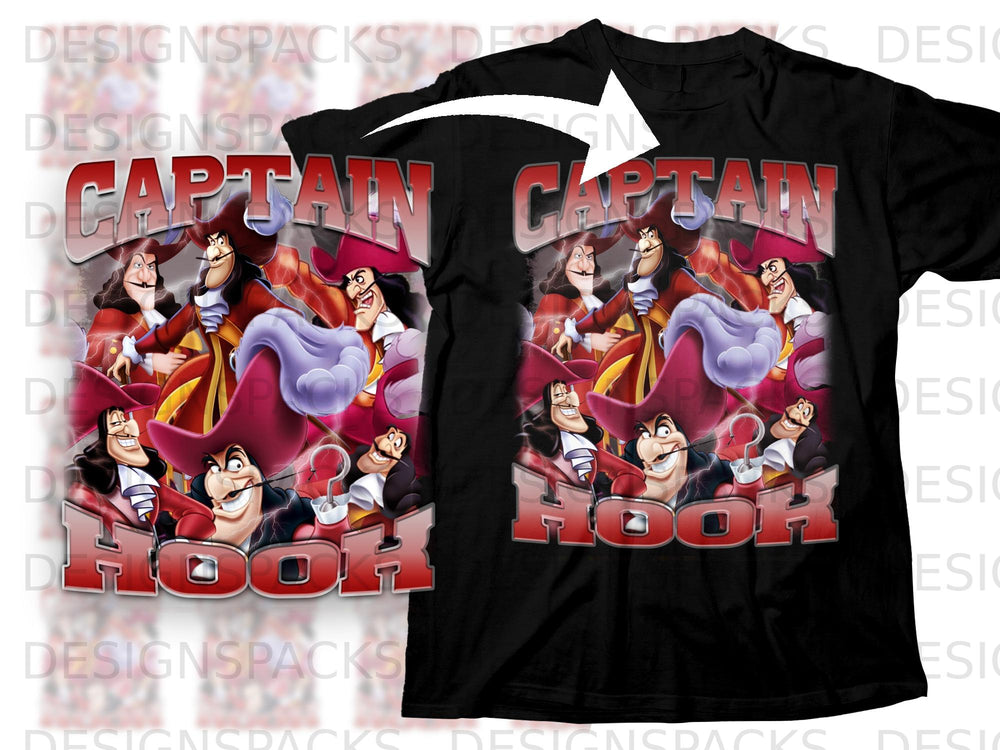 Black t-shirt with Captain Hook characters and "CAPTAIN HOOK" text design.