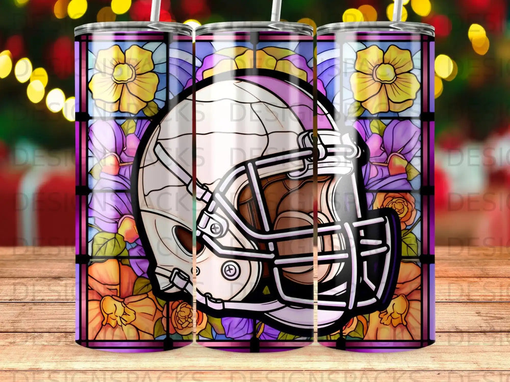 Football helmet with stained glass floral background.